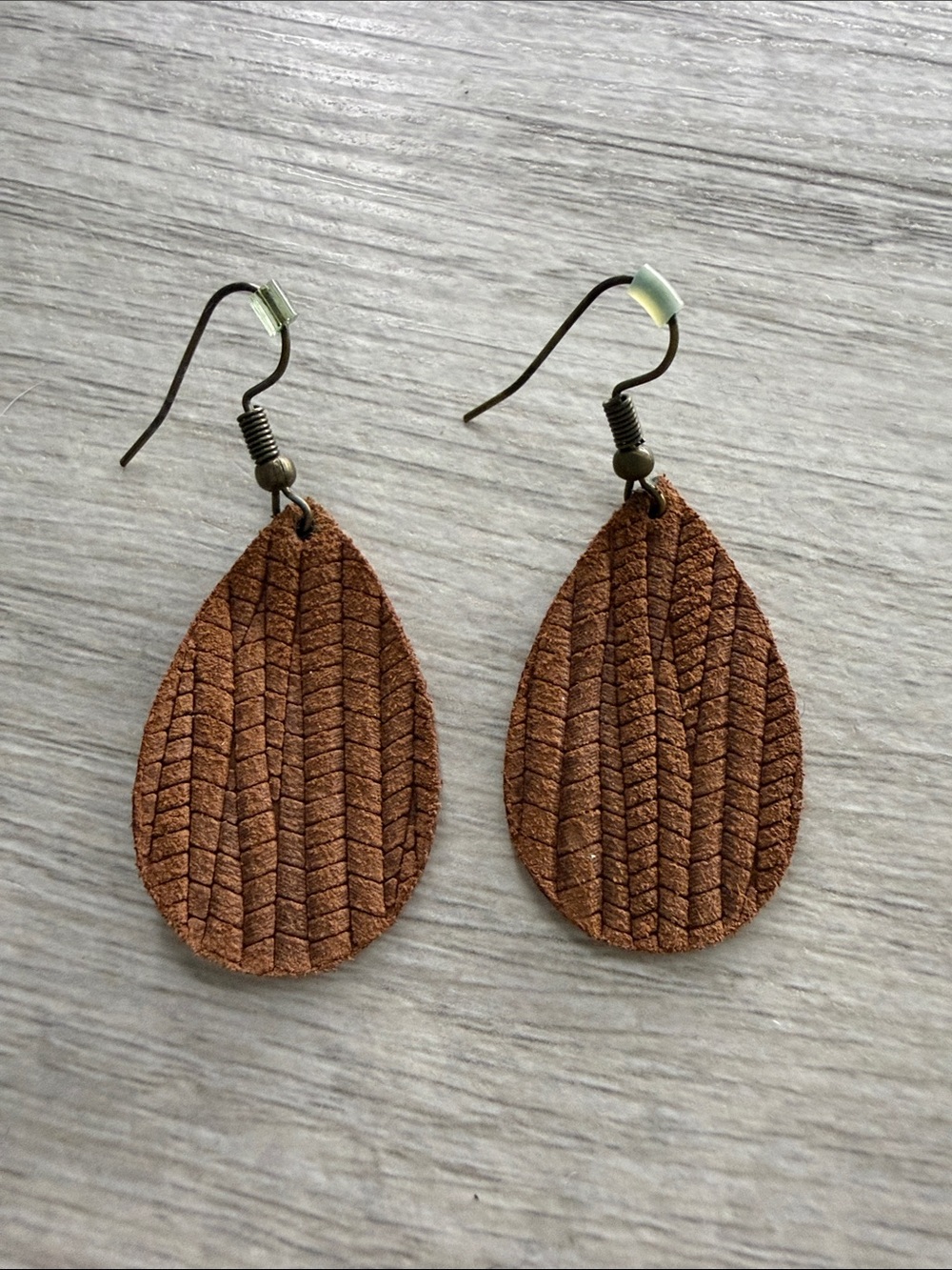Brown Textured Teardrop Leather Earrings